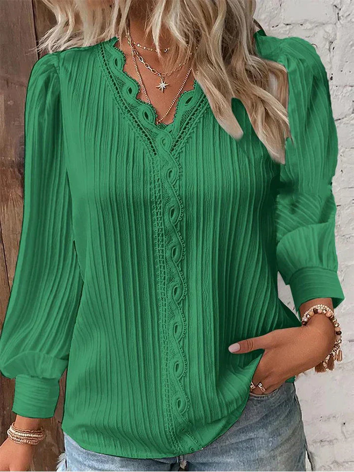 Lola | Lace Trim Blouse with V-Neck and Long Sleeves