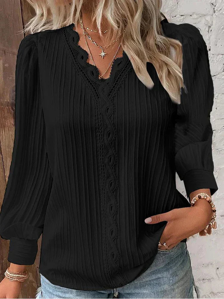 Lola | Lace Trim Blouse with V-Neck and Long Sleeves
