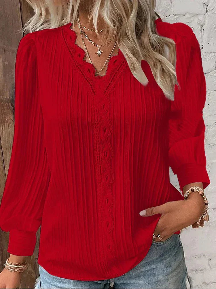 Lola | Lace Trim Blouse with V-Neck and Long Sleeves