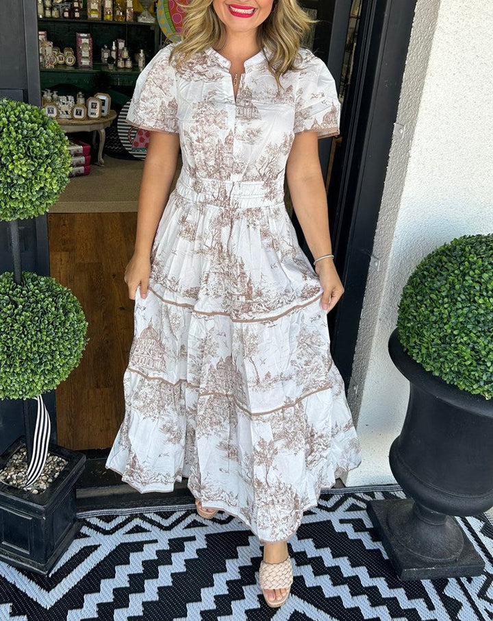 Nova | Maxi Shirt Dress with Toile Print and Tiered Skirt