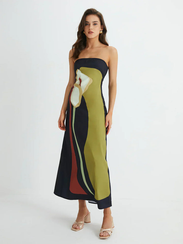 Helen | Maxi Wedding Guest Dress with Strapless Bodice and Abstract Print