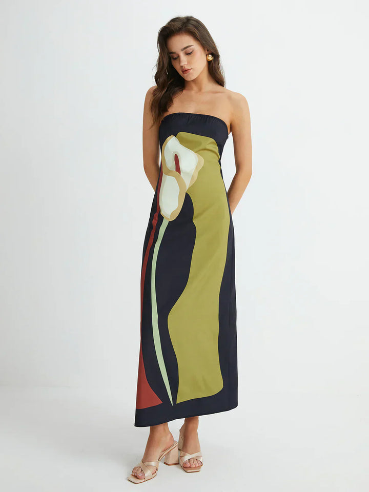 Helen | Maxi Wedding Guest Dress with Strapless Bodice and Abstract Print