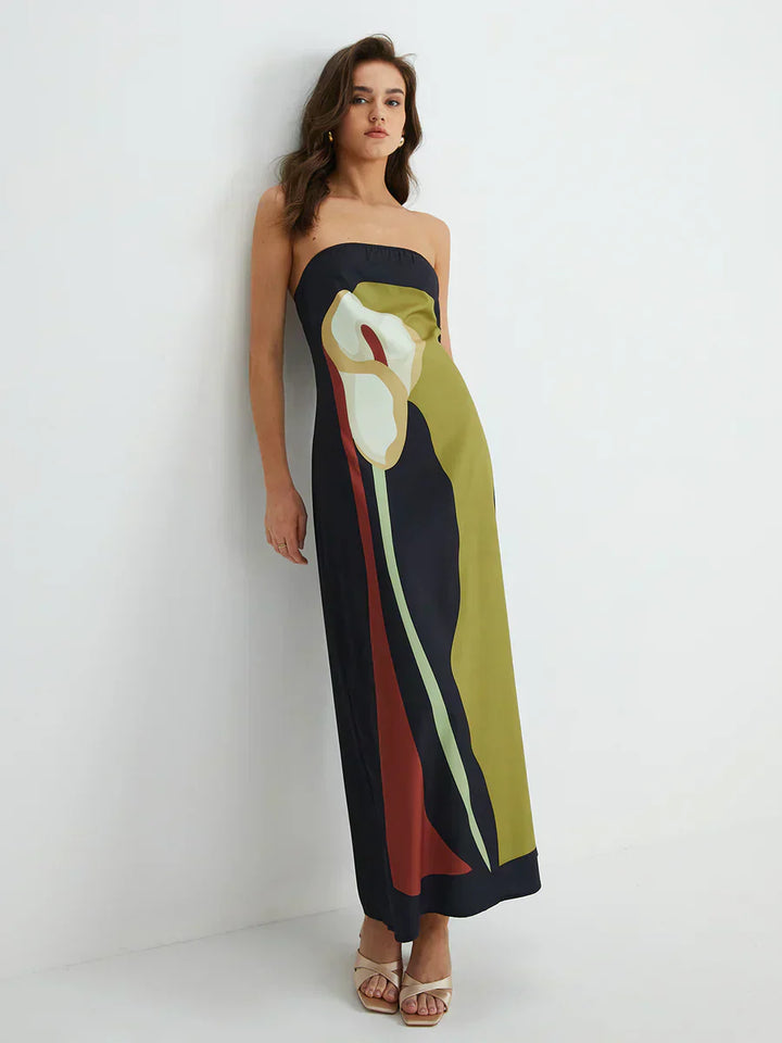 Helen | Maxi Wedding Guest Dress with Strapless Bodice and Abstract Print