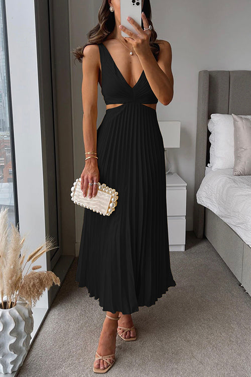 Caroline | Midi Wedding Guest Dress with V-Neck and Pleated Skirt
