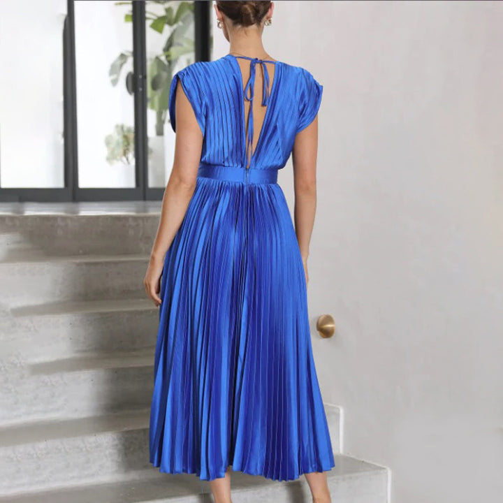 Alexis | Midi Wedding Guest Dress with V-Neck and Pleated Skirt