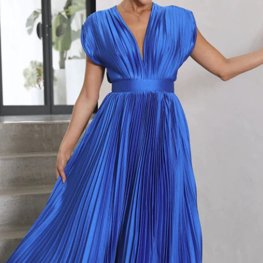 Alexis | Midi Wedding Guest Dress with V-Neck and Pleated Skirt