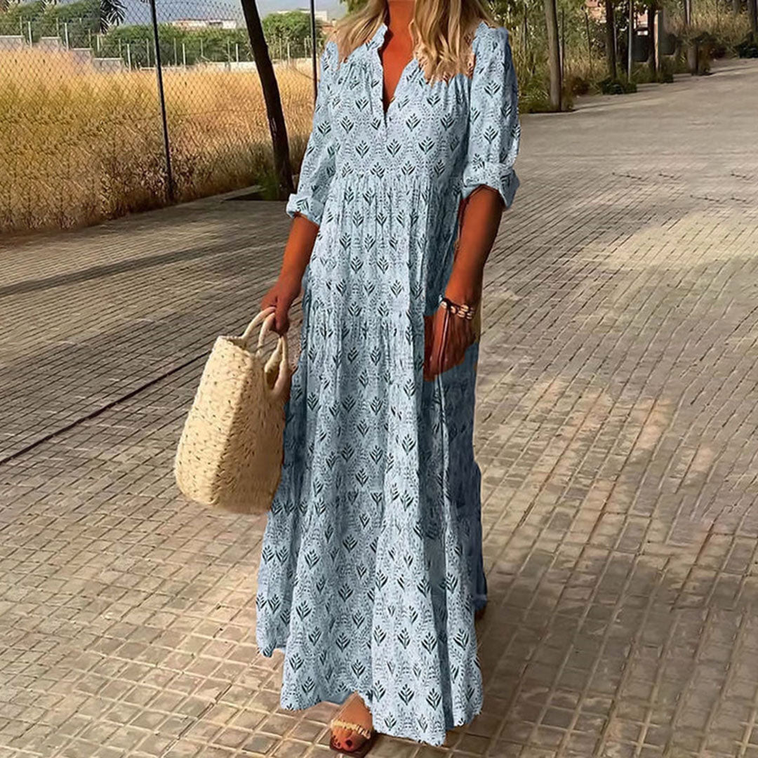 Women's Boho Print Maxi Dress with Roll-Up Long Sleeves