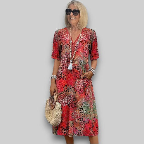 Vera | Midi Summer Dress with Boho Print and V-Neck