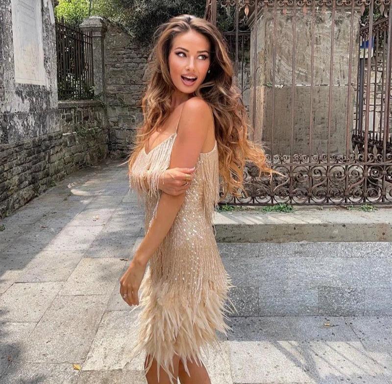 Margaret | Mini Cocktail Dress with Fringe and Feather Hem