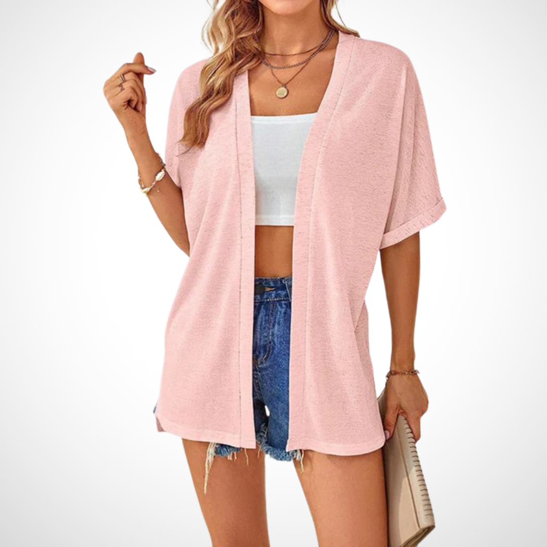 Women's Short Sleeve Draped Cardigan with Open Front