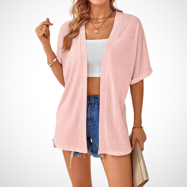 Women's Short Sleeve Draped Cardigan with Open Front