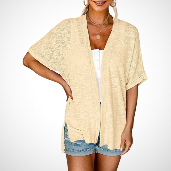 Women's Short Sleeve Draped Cardigan with Open Front