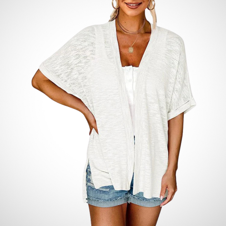 Women's Short Sleeve Draped Cardigan with Open Front