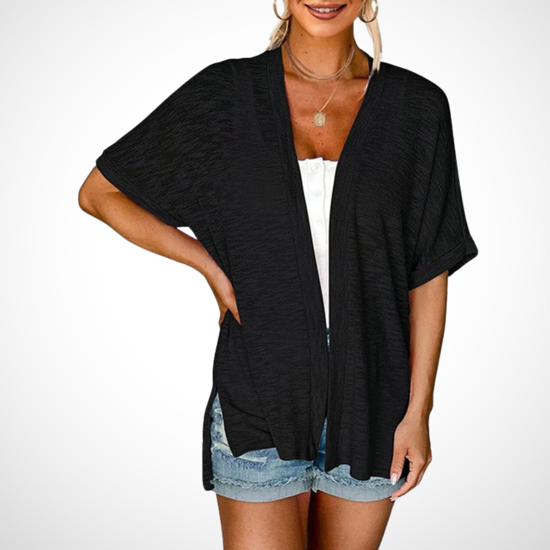 Women's Short Sleeve Draped Cardigan with Open Front