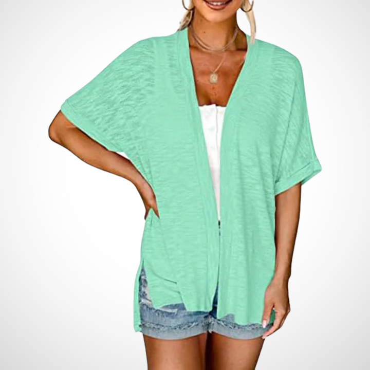Women's Short Sleeve Draped Cardigan with Open Front