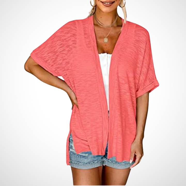 Women's Short Sleeve Draped Cardigan with Open Front