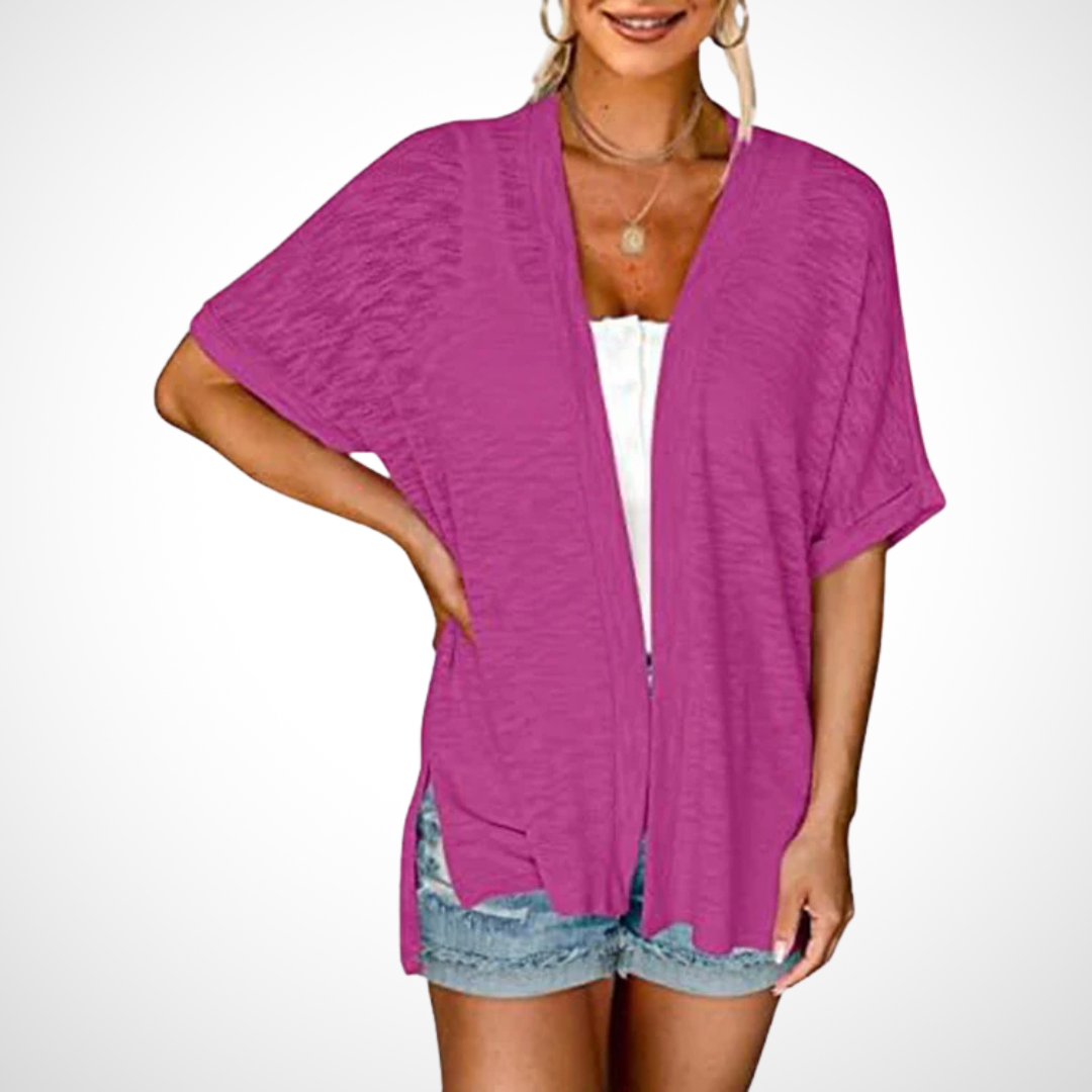 Women's Short Sleeve Draped Cardigan with Open Front