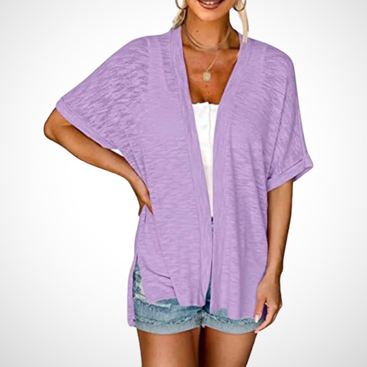 Women's Short Sleeve Draped Cardigan with Open Front