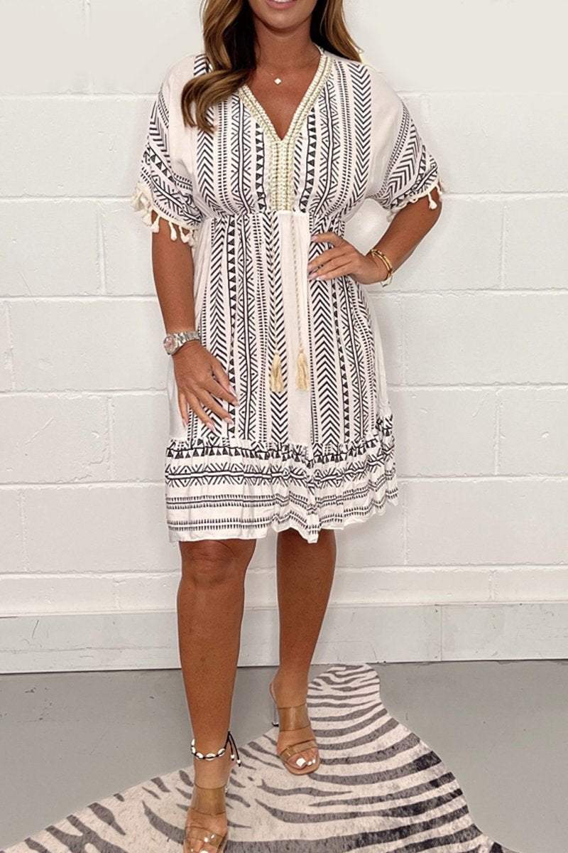 Sophie | Boho Mini Dress Printed Tassel