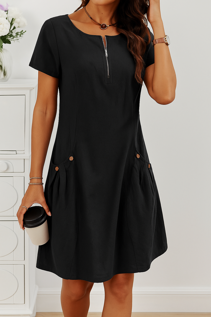Women's Short Sleeve Dress with Zip Front and Pockets