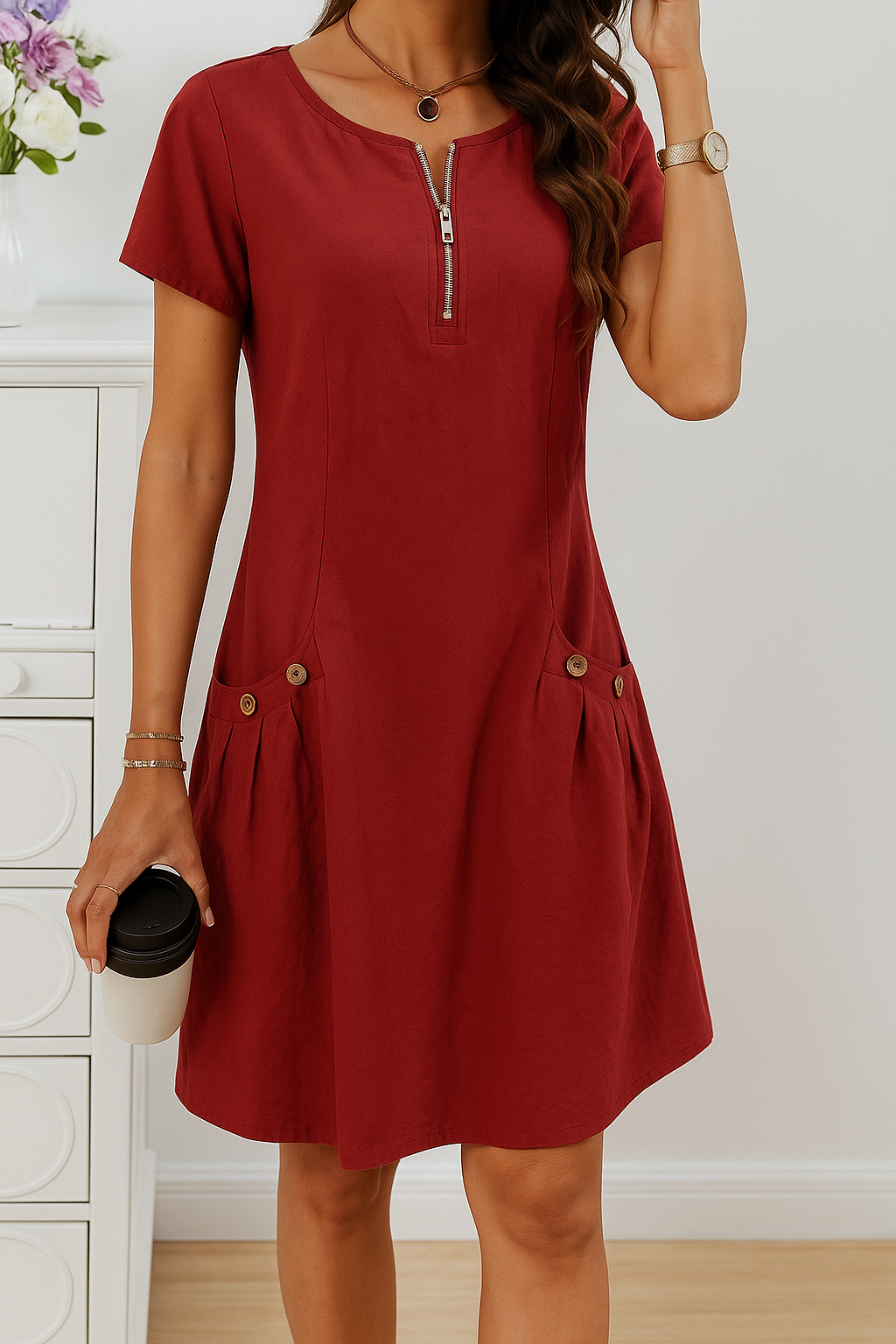 Women's Short Sleeve Dress with Zip Front and Pockets