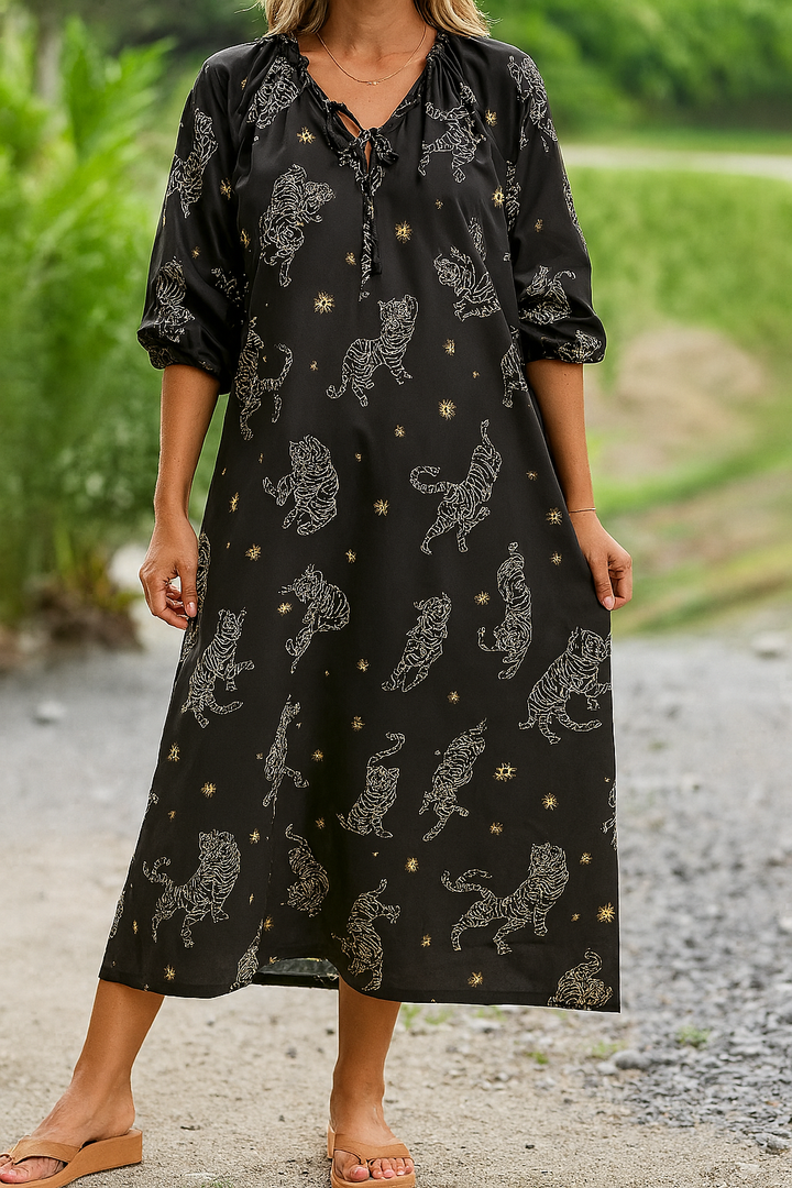 Selene | Midi Summer Dress with Boho Print and V-Neck