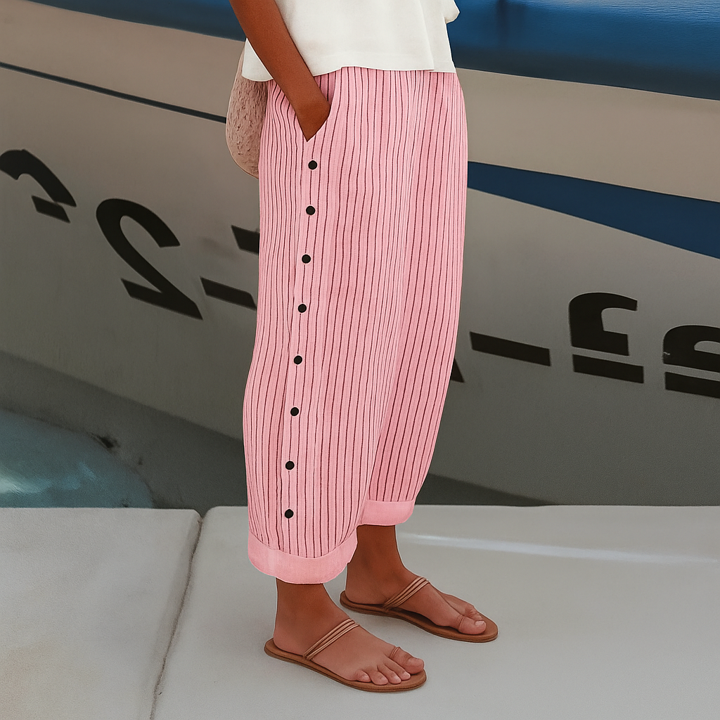 Lila | Wide Leg Trousers with Striped Print and Button Detail