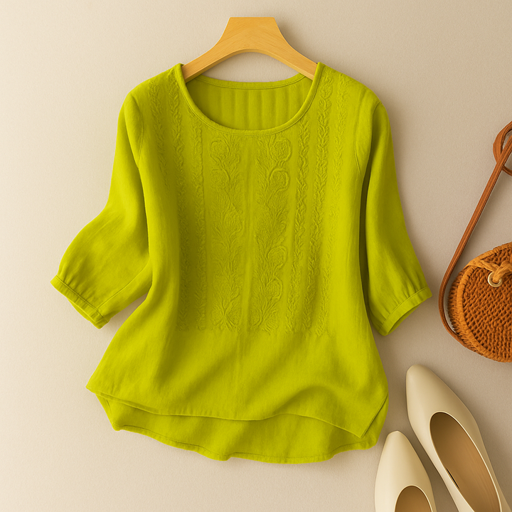 Vera | Embroidered Blouse with Round Neckline and Three Quarter Sleeves