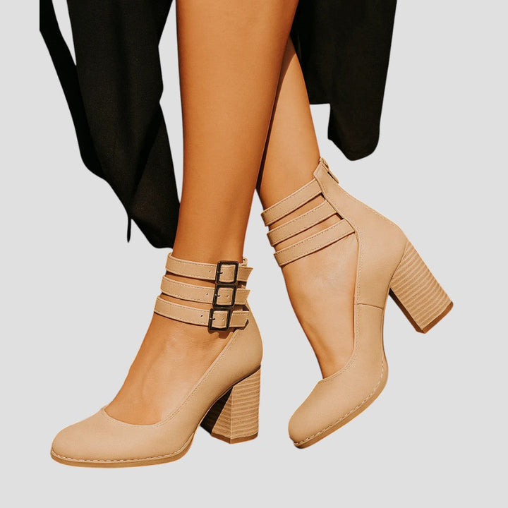 Women's Closed Toe Block Heel with Buckle Strap