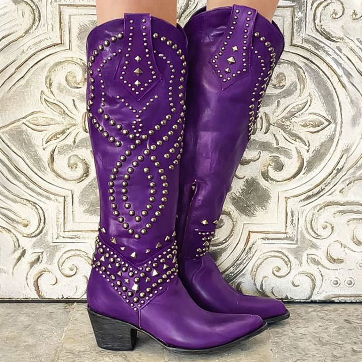 Women's Knee-High Cowboy Boots with Studs and Block Heel
