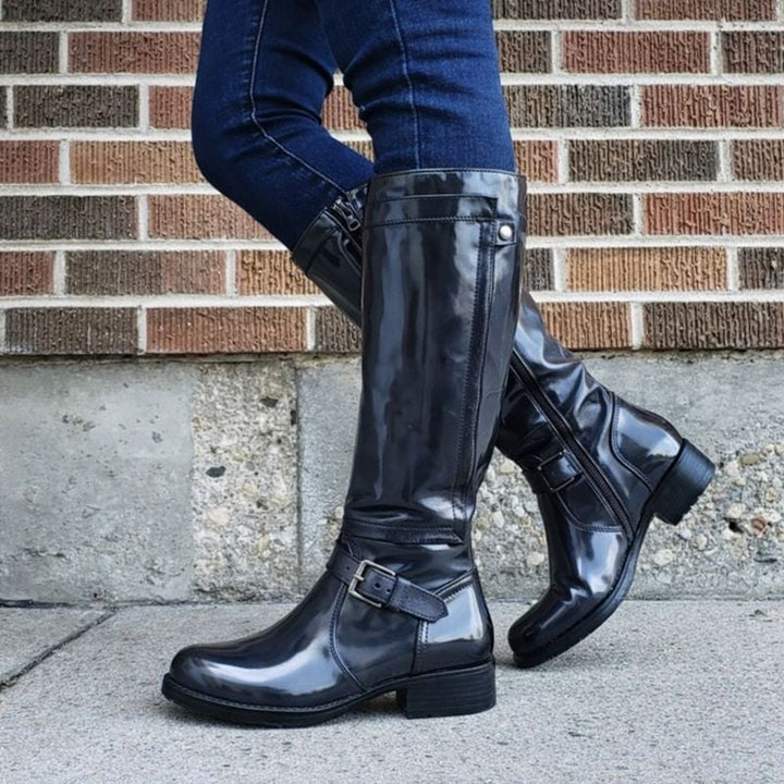 Women's Orthopedic Knee High Moto Boots with Buckle Strap