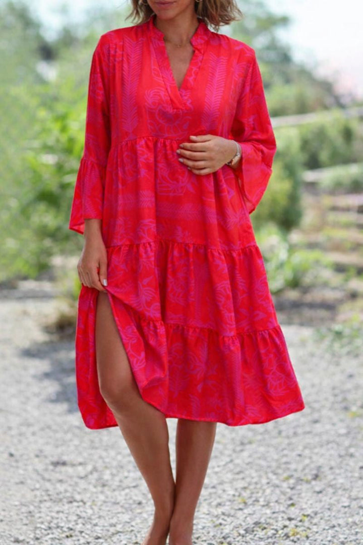 Penelope | Midi Summer Dress with Tropical Print and Flared Sleeves
