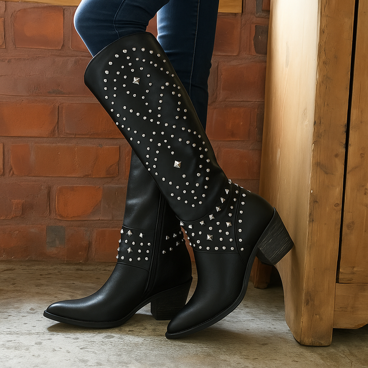 Women's Knee-High Cowboy Boots with Studs and Block Heel