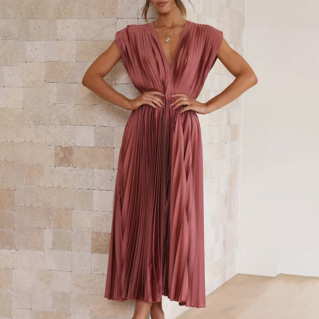 Alexis | Midi Wedding Guest Dress with V-Neck and Pleated Skirt