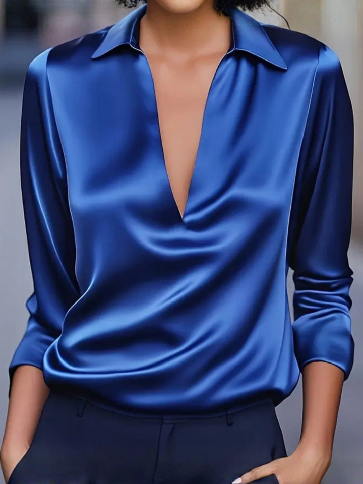 Women's Satin Blouse with V-Neck Collar and Long Sleeve