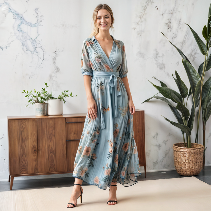 Nicola | Maxi Wedding Guest Dress with V-Neck Wrap and Floral Print