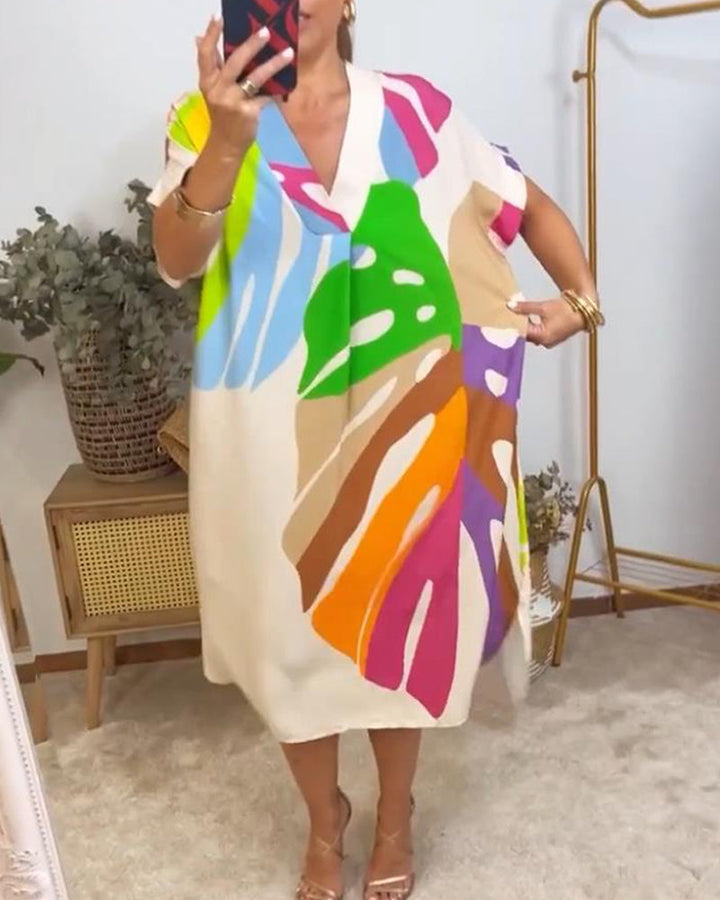 Lisa | Midi Summer Dress with Abstract Print and Batwing Sleeves