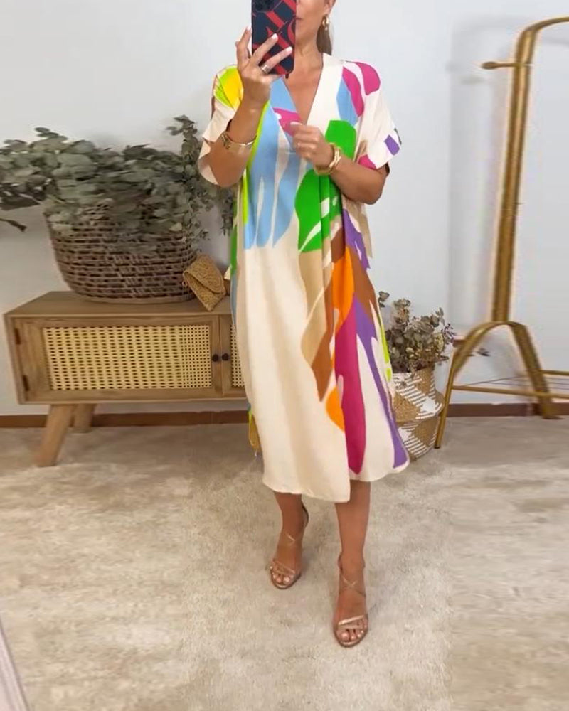 Lisa | Midi Summer Dress with Abstract Print and Batwing Sleeves