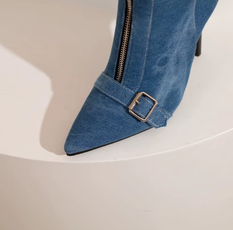 Women's Blue Pointed Toe Ankle Boots with Stiletto Heel
