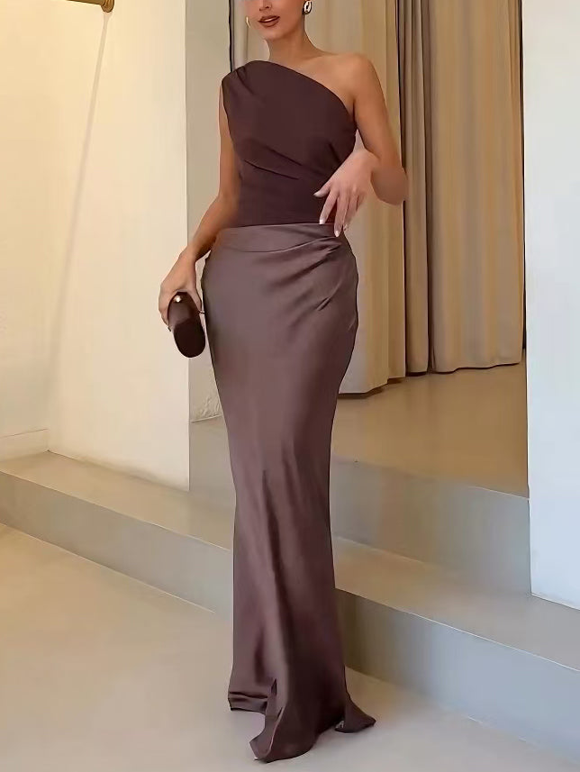 Anita | Maxi Wedding Guest Dress with One Shoulder and Pleated Skirt