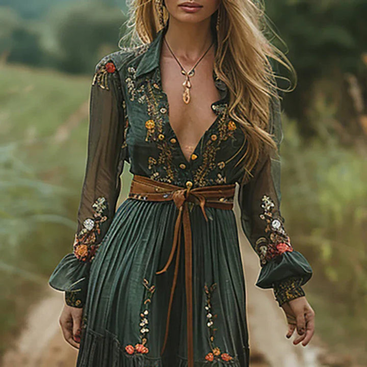 Women's Floral Embroidered Maxi Dress with Belted Waist