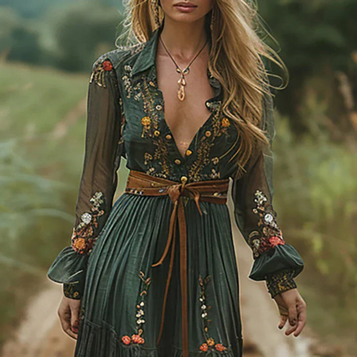 Olivia | Maxi Wedding Guest Dress with Embroidered Detail and V-Neck