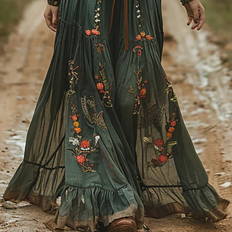 Women's Floral Embroidered Maxi Dress with Belted Waist