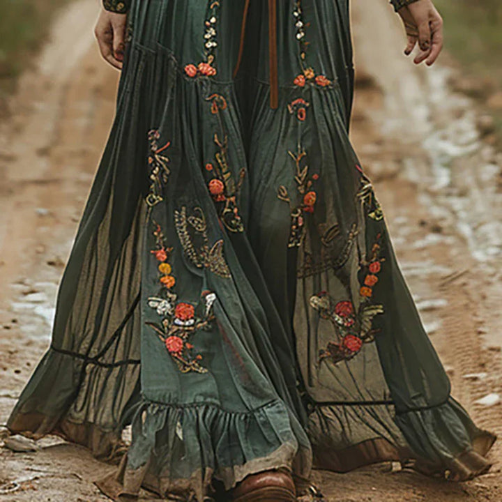 Women's Floral Embroidered Maxi Dress with Belted Waist