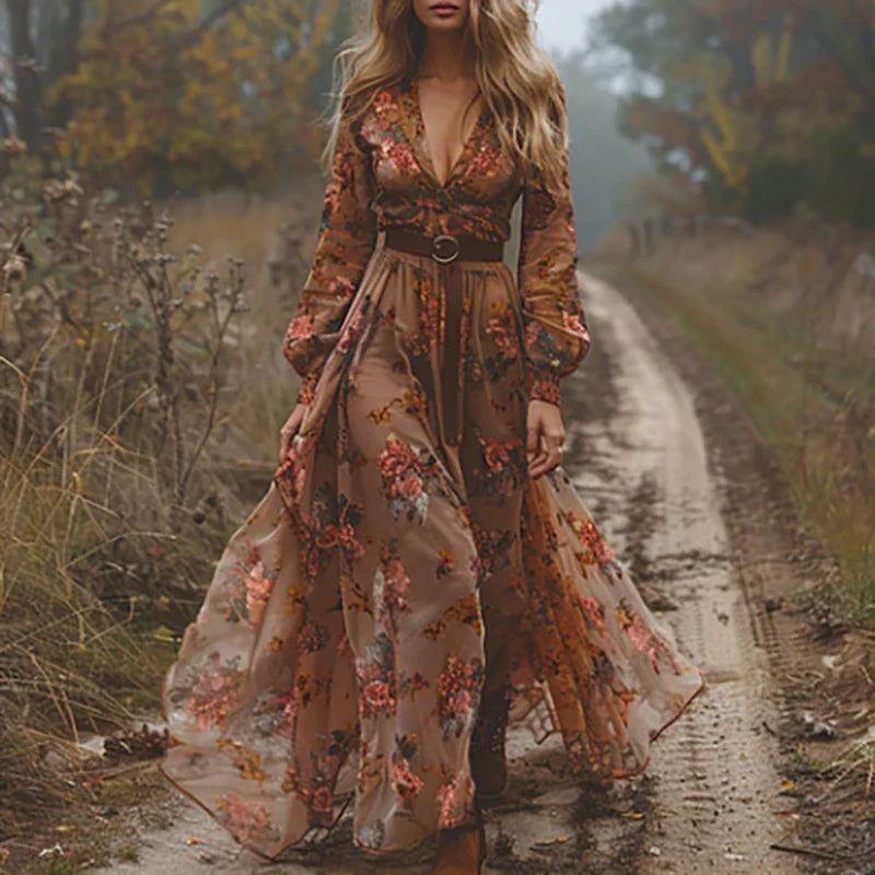 Women's Floral Embroidered Maxi Dress with Belted Waist
