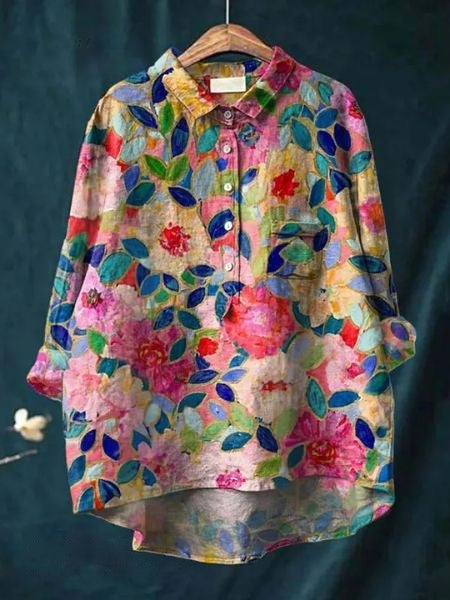 Flora | Floral Print Blouse with Shirt Collar and Long Sleeves