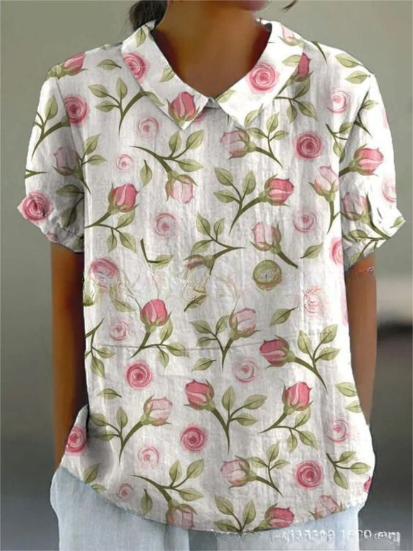 Meg | Floral Print Top with Polo Collar and Short Sleeves