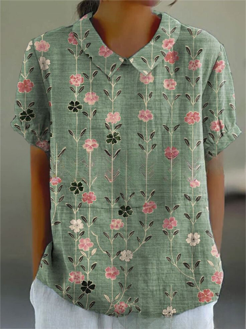 Meg | Floral Print Top with Polo Collar and Short Sleeves