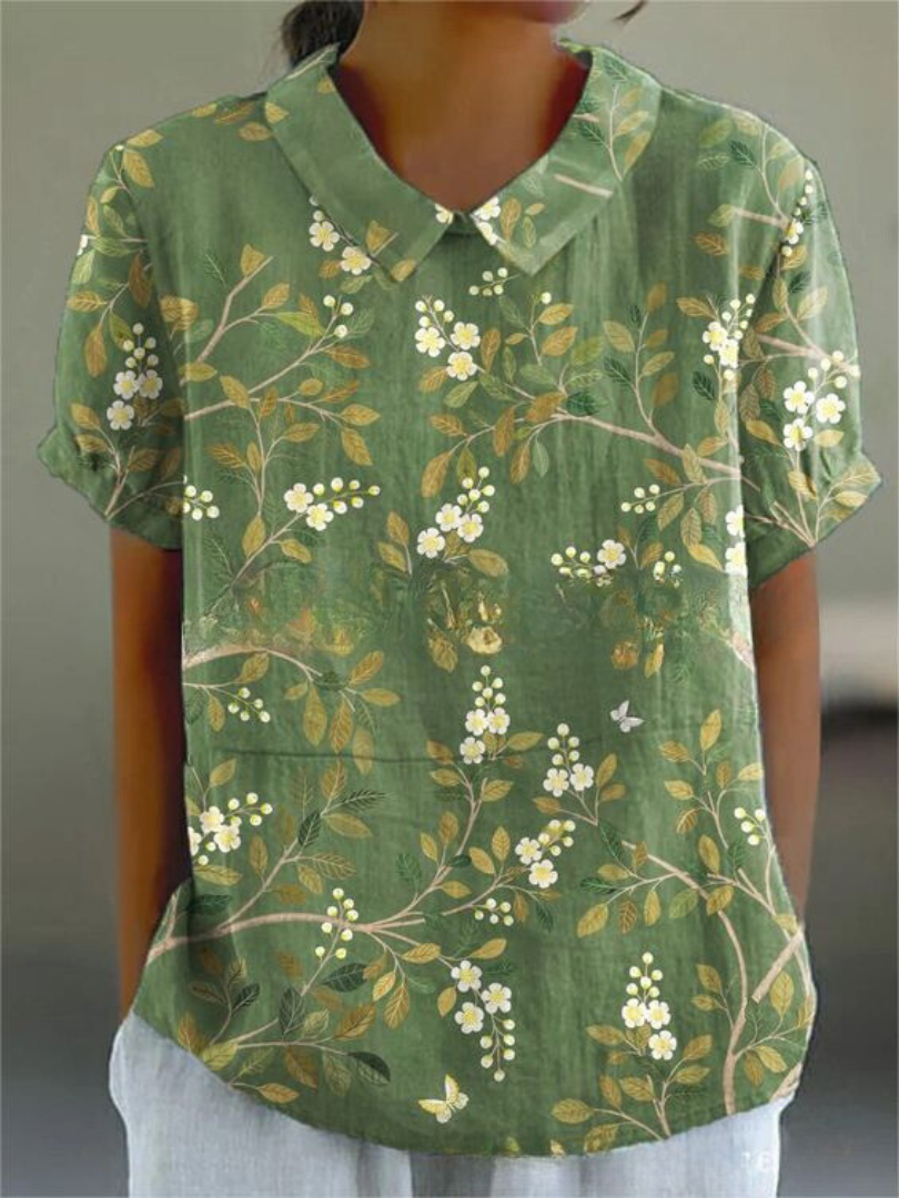 Meg | Floral Print Top with Polo Collar and Short Sleeves