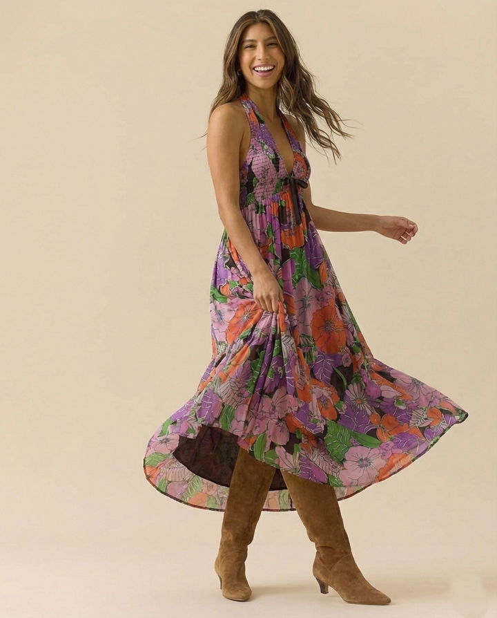 Daisy | Maxi Summer Dress with Floral Print and Halter Neckline